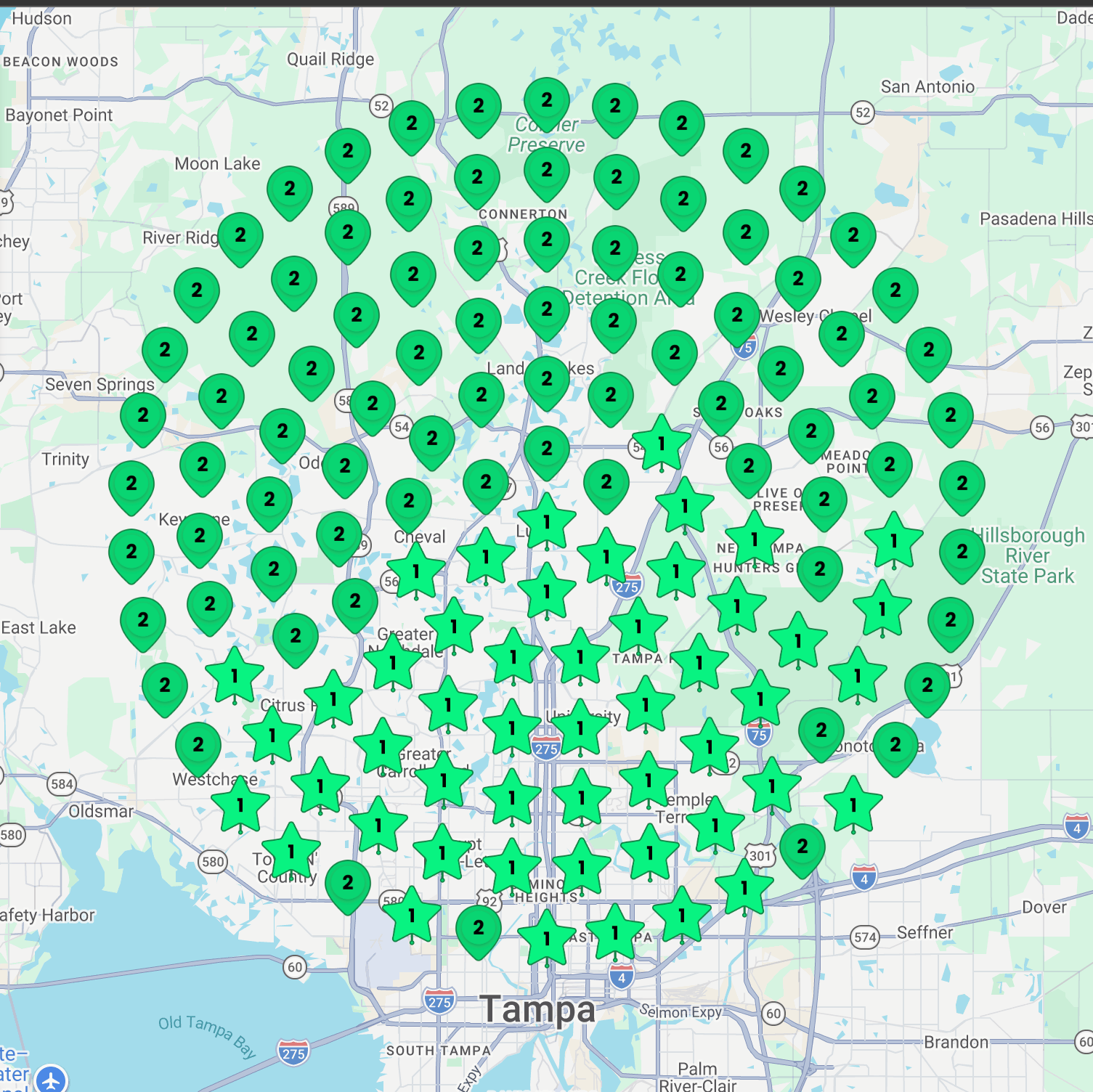 Local rank grid scan for a Sustain Media client - solid #1 and #2 rankings across the entire metro